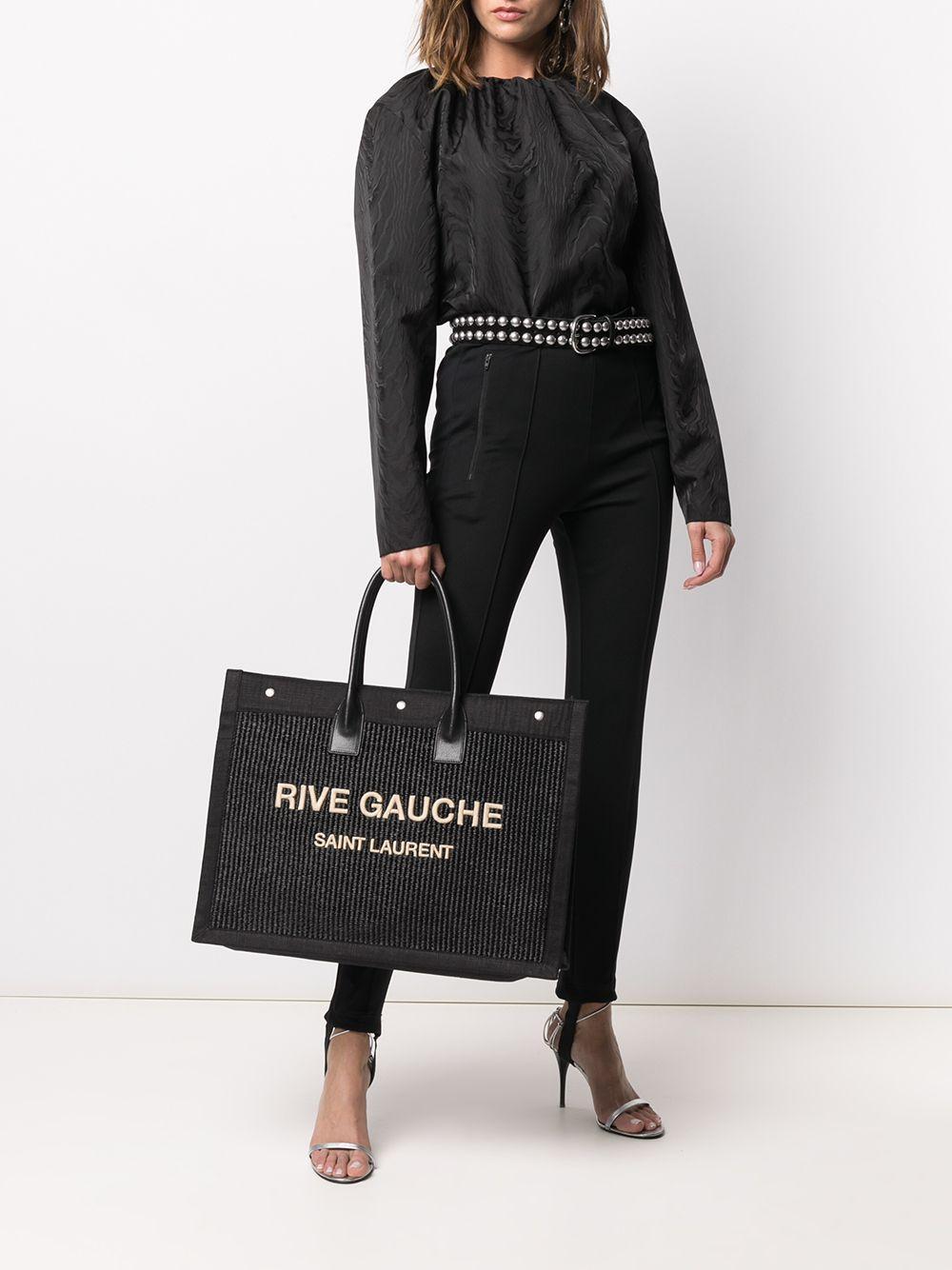 Women's Rive Gauche Small Tote Bag In Raffia And Leather In Nero Natural Beige Product Image