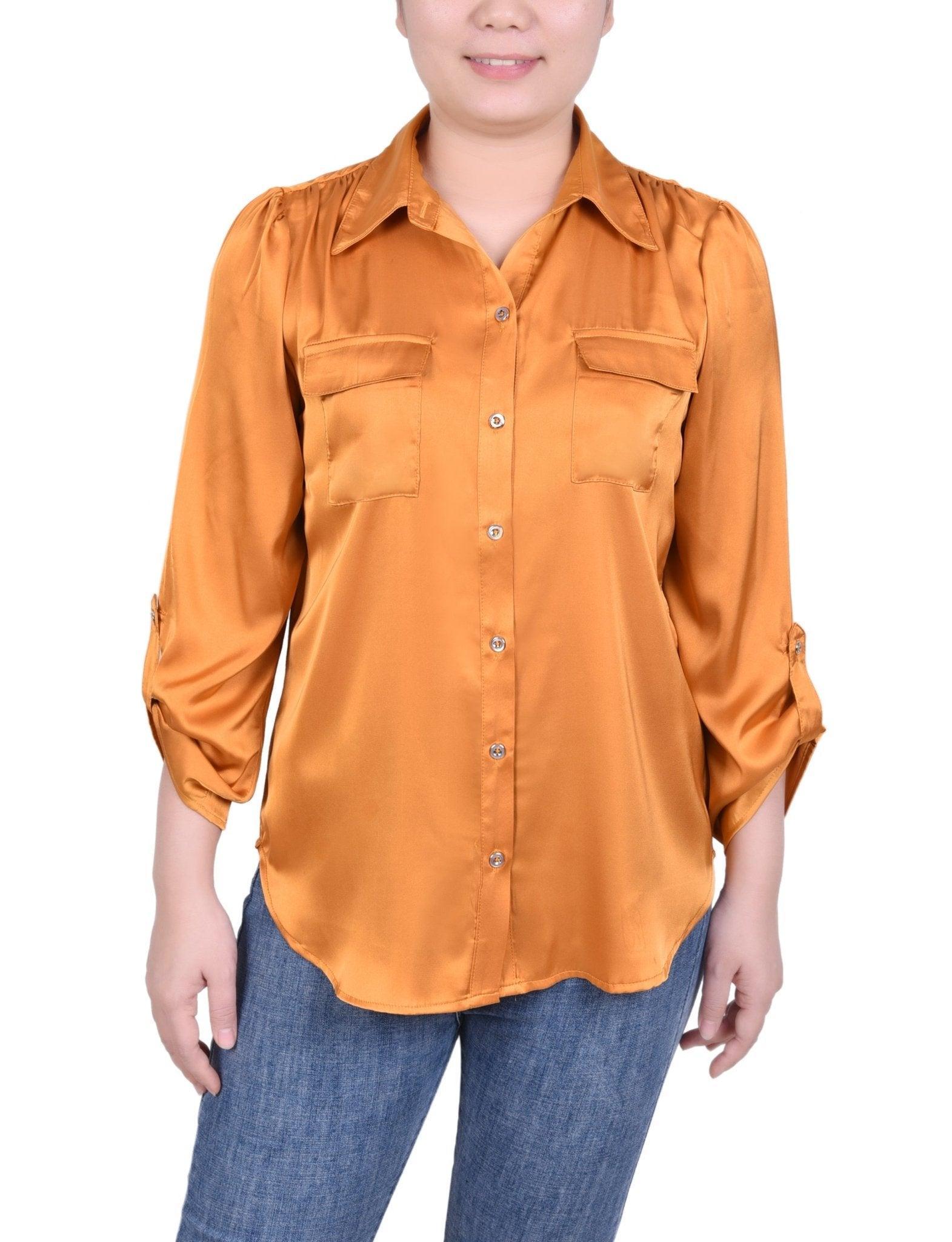 Tabbed Long Sleeve Satin Blouse - Petite Product Image