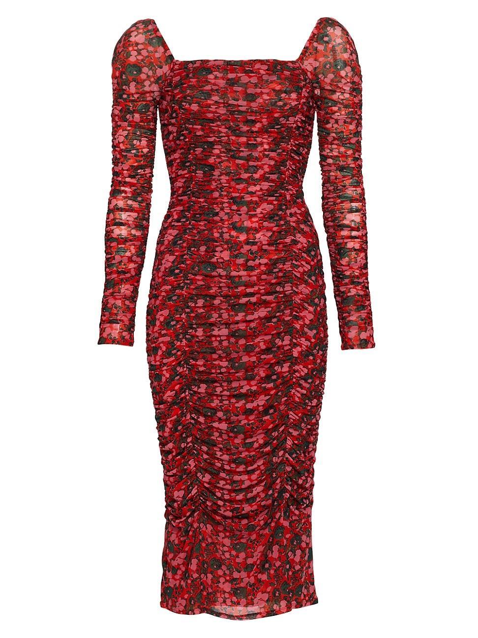 Womens Simona Floral Mesh Ruched Midi-Dress Product Image