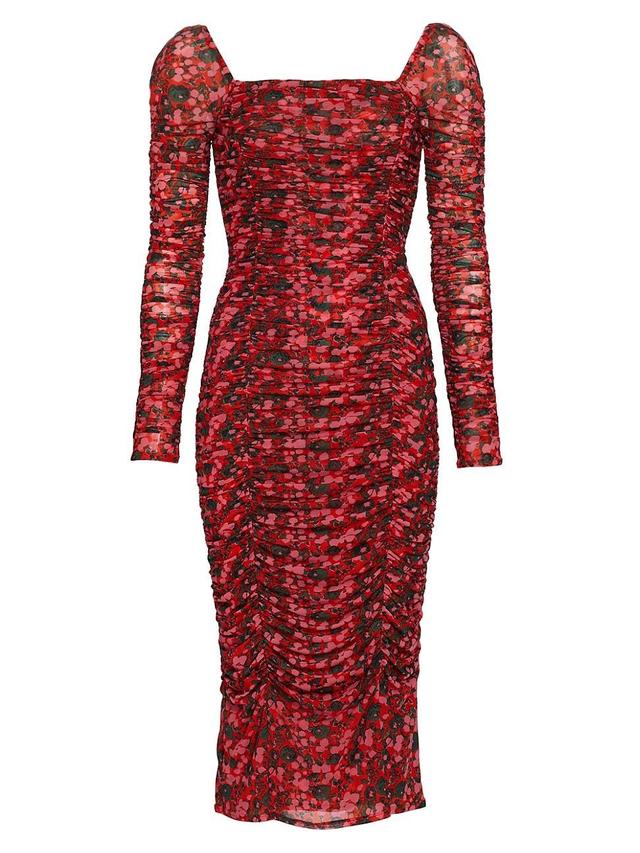 Womens Simona Floral Mesh Ruched Midi-Dress Product Image