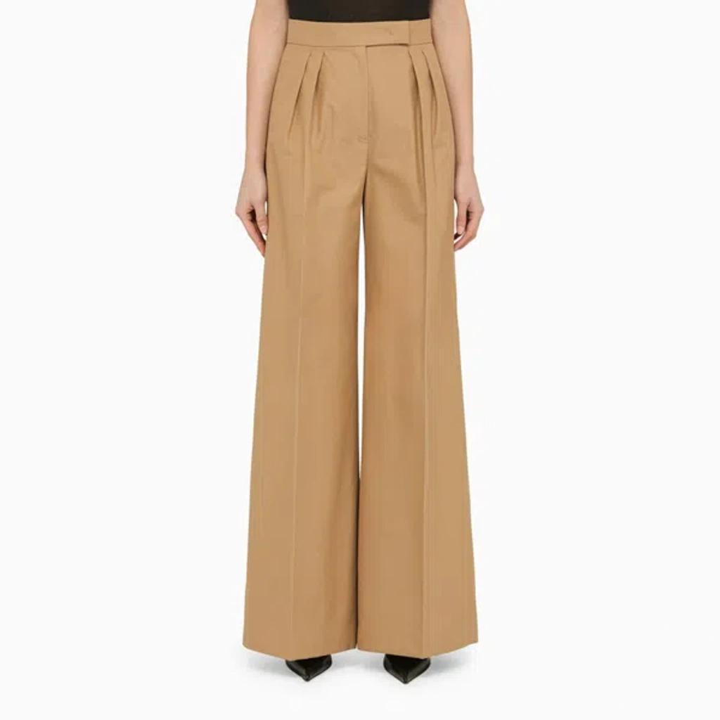 Beige Cotton Wide Trousers With Pleats In Brown Product Image