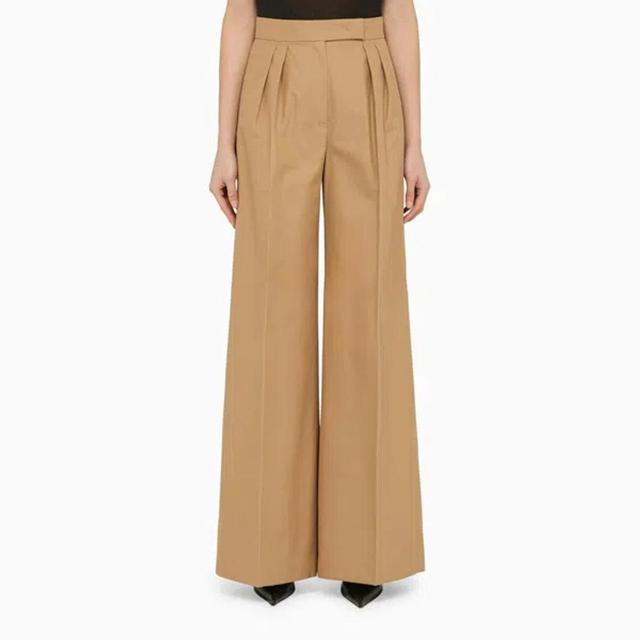 Beige Cotton Wide Trousers With Pleats In Brown Product Image