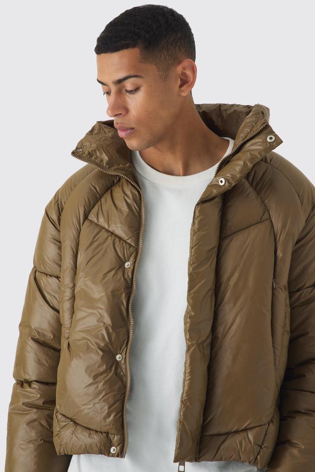 Boxy High Shine Nylon Abstract Quilted Funnel Neck Puffer In Khaki | boohooMAN USA Product Image