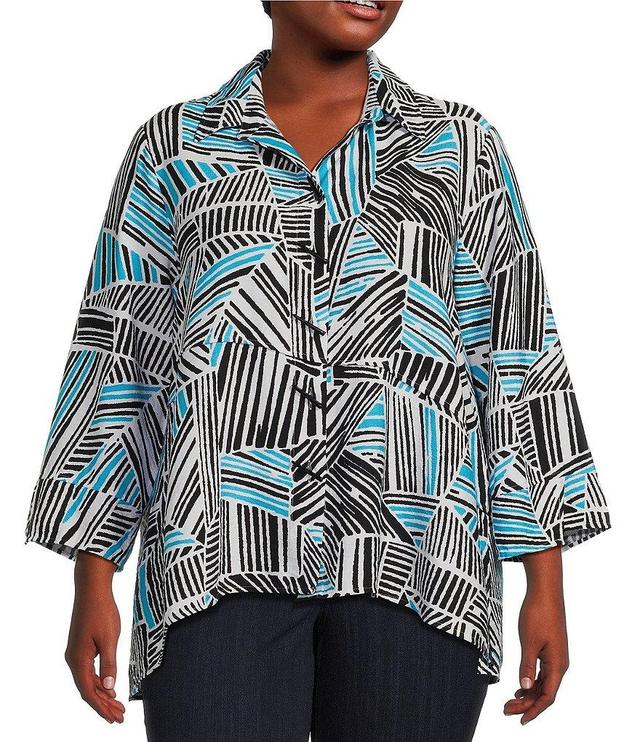 Ali Miles Plus Size Printed Woven Wire Collar 3/4 Sleeve Asymmetric Hem Button-Front Tunic Product Image