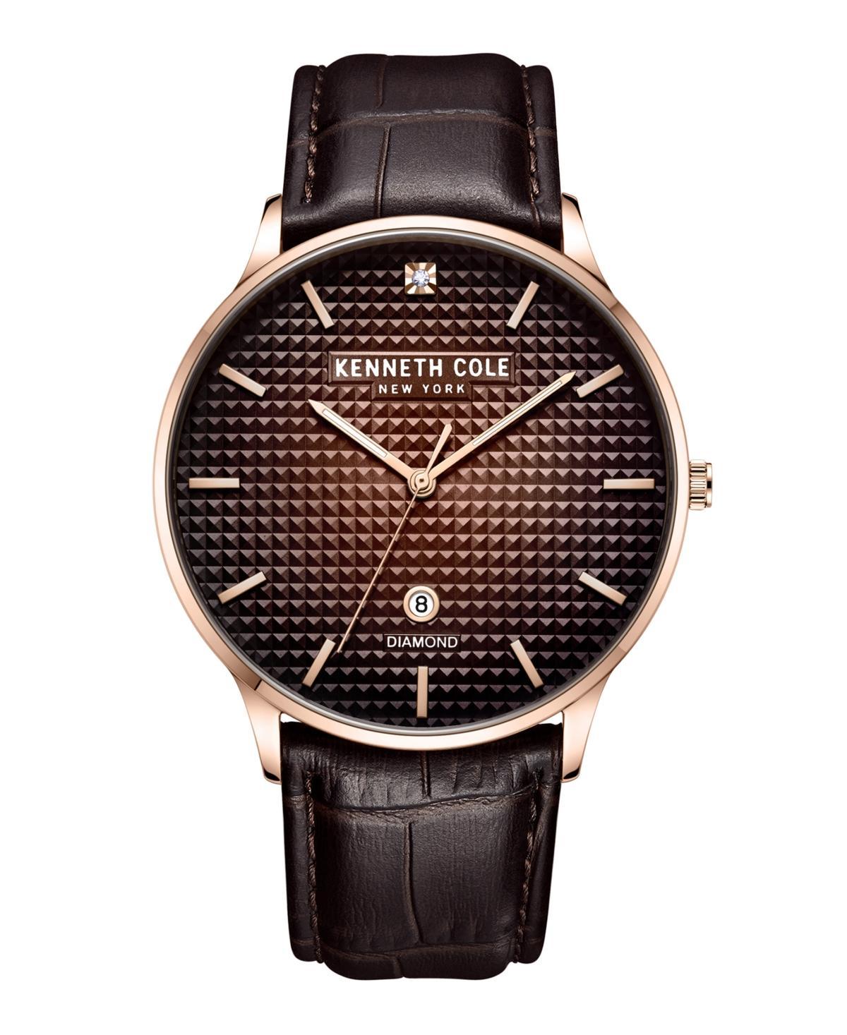 Kenneth Cole New York Mens Diamond Accent Dial Brown Dark Genuine Leather Strap Watch 42mm - Brown Dark Product Image