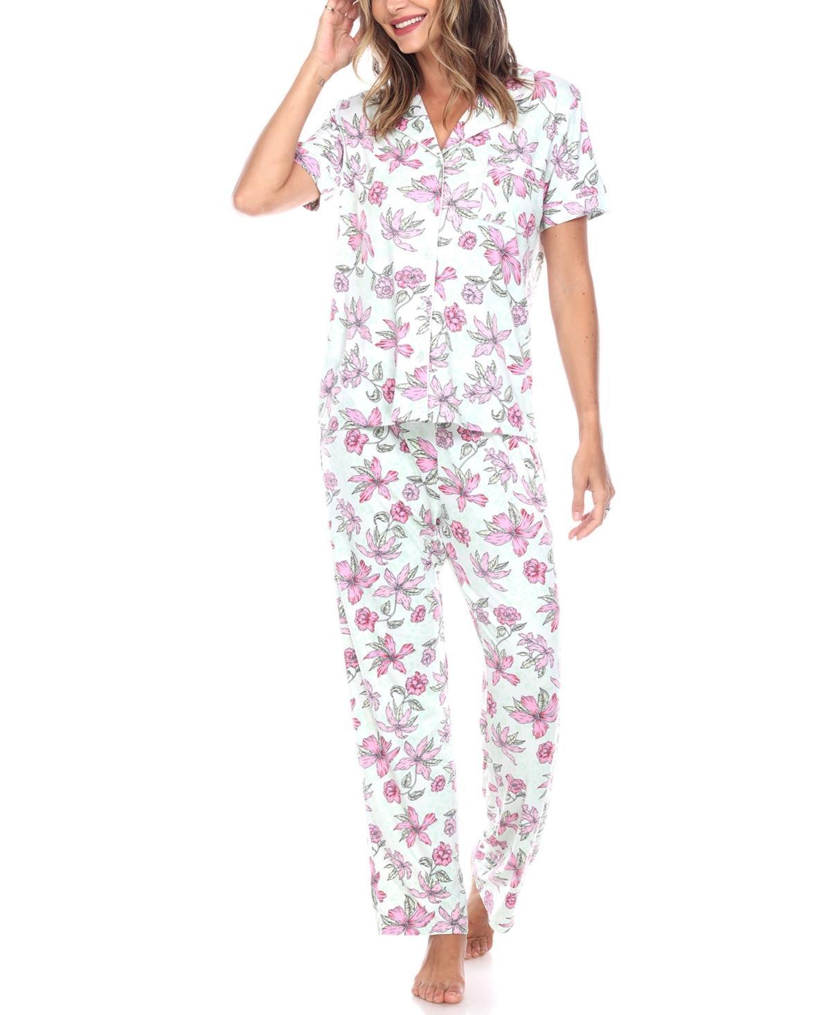 White Mark Womens Short Sleeve Pants Tropical Pajama Set, 2-Piece - White Product Image