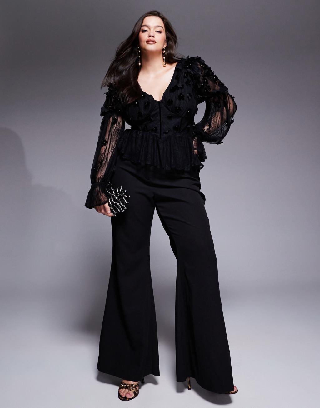 ASOS LUXE Curve mesh floral bardot long sleeved top with velvet flowers and pearl embellishment in black Product Image