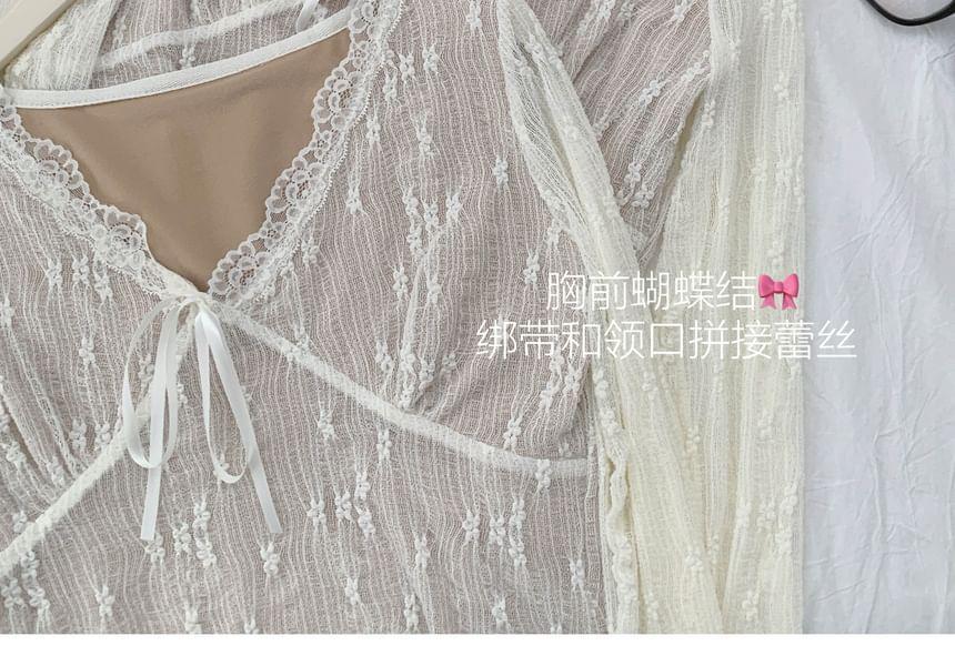 Long Sleeve V-Neck Bow Lace Overlay Top Product Image