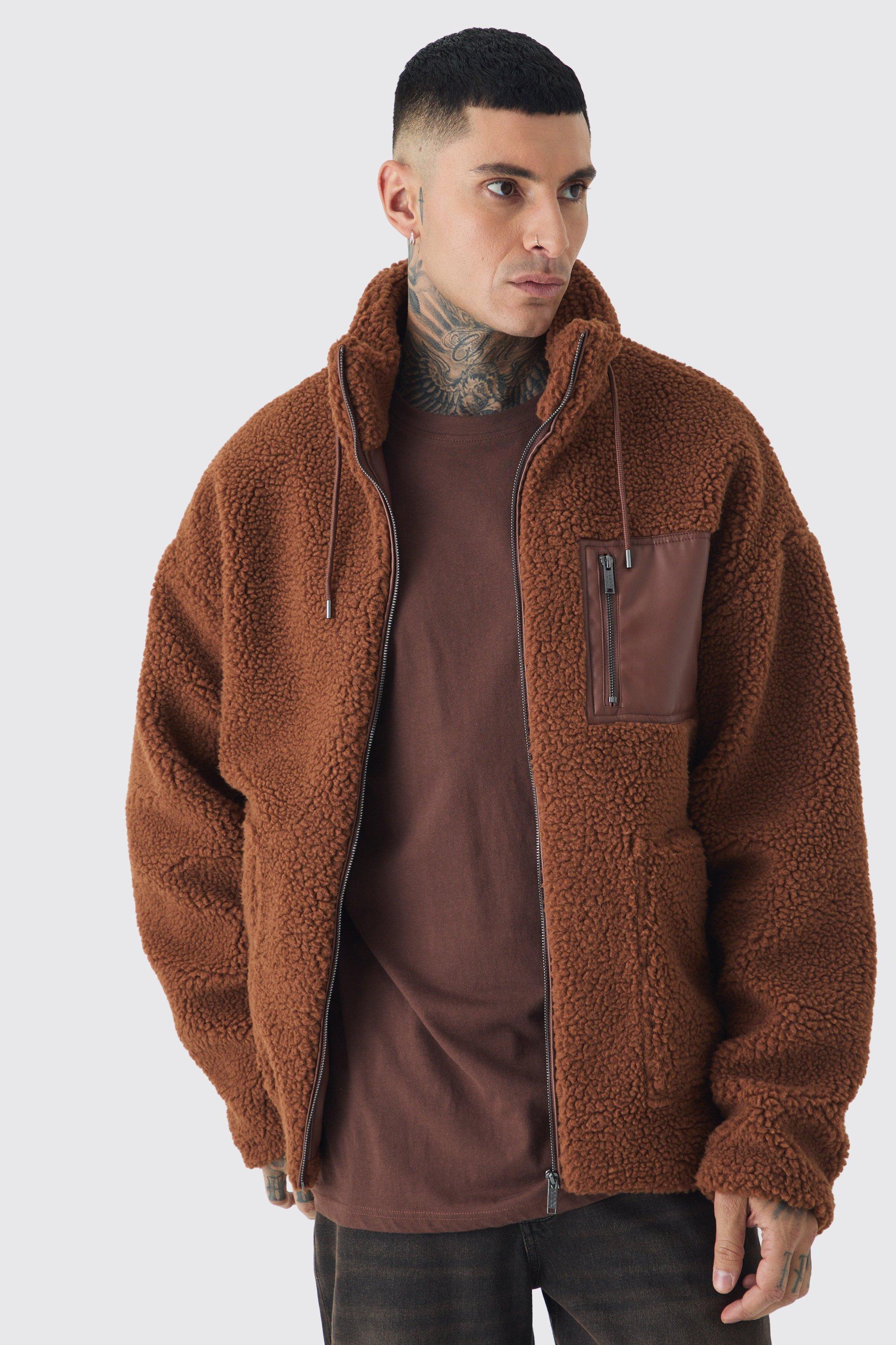 Tall Borg Funnel Neck Jacket With PU Pocket In Tan | boohooMAN USA Product Image