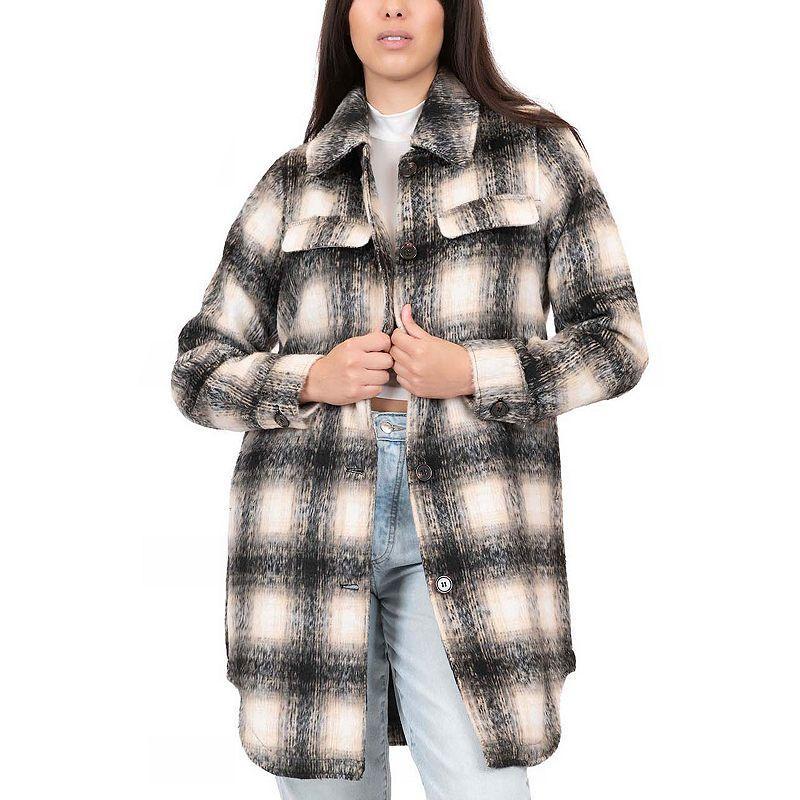 Juniors Coffee Shop Plaid Faux Wool Shacket, Womens Brown Plaid Product Image