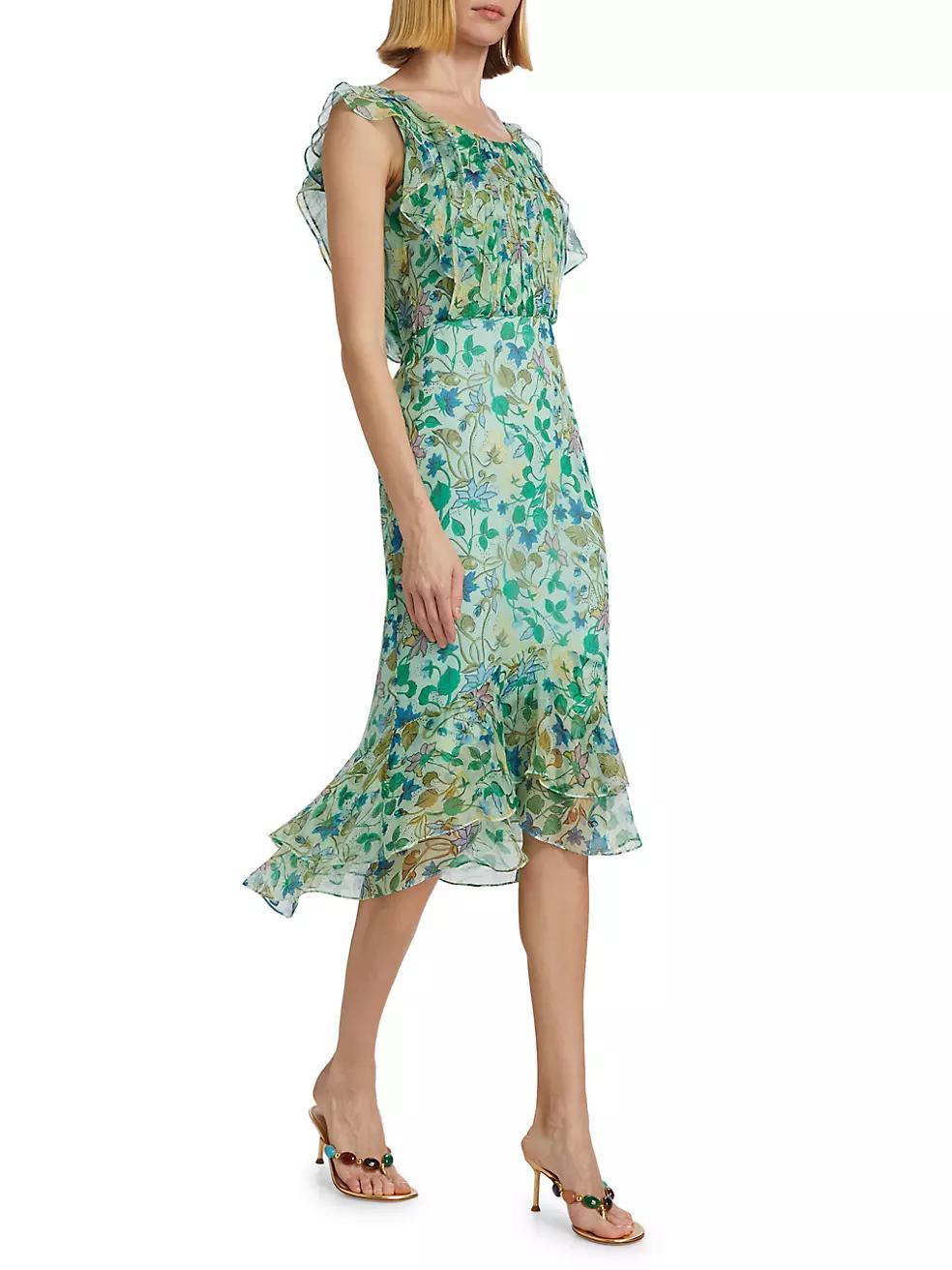 Aisha Ruffled Floral Silk Midi-Dress Product Image