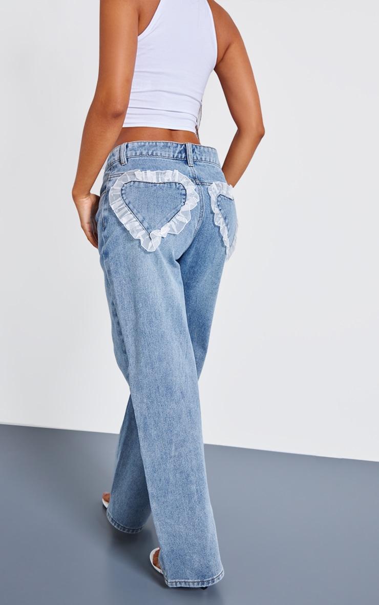 Petite Light Blue Chiffon Heart Pocket Detail Wide Leg Jeans Product Image