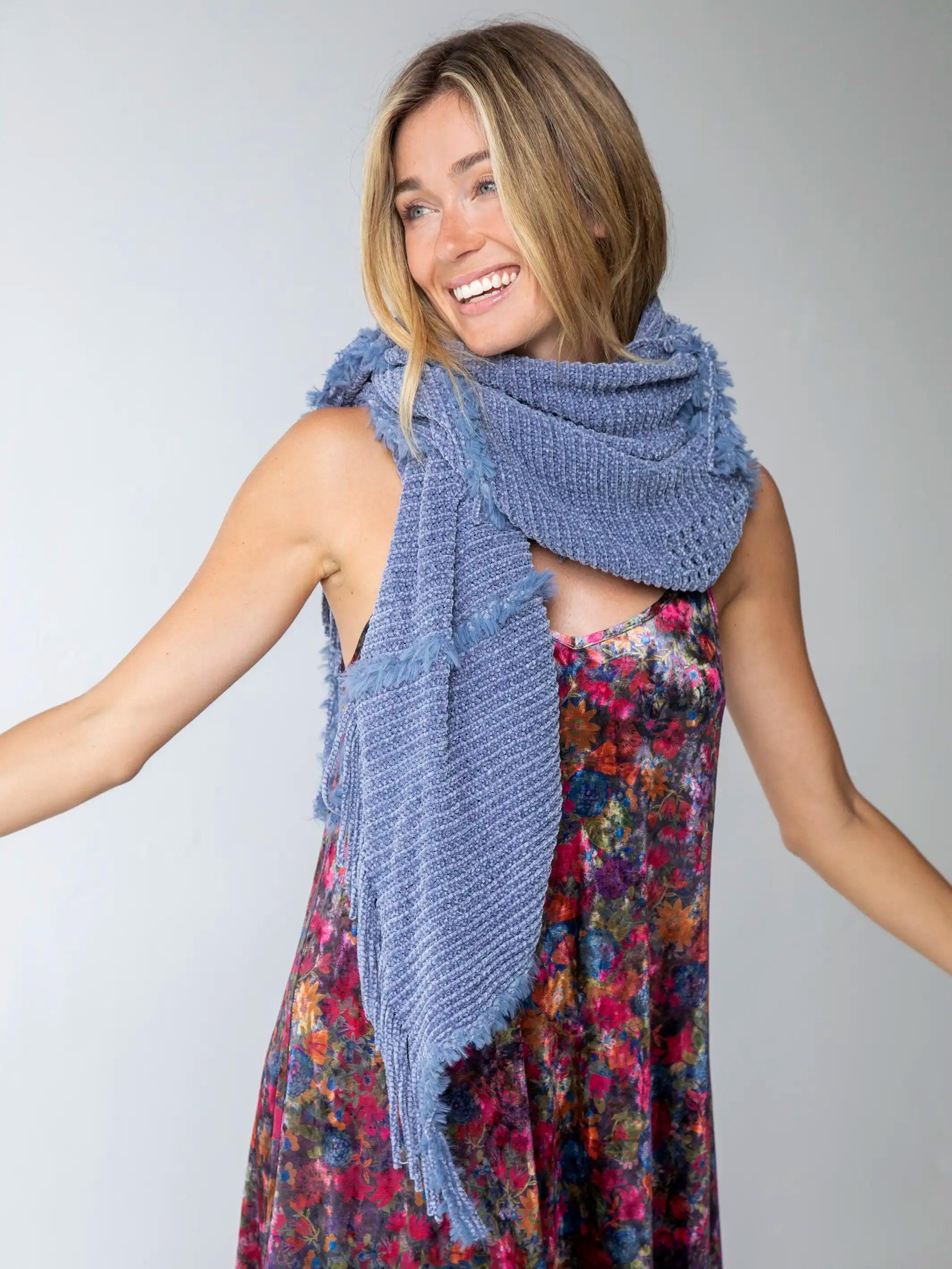 Chenille Poncho Scarf - Light Blue Product Image