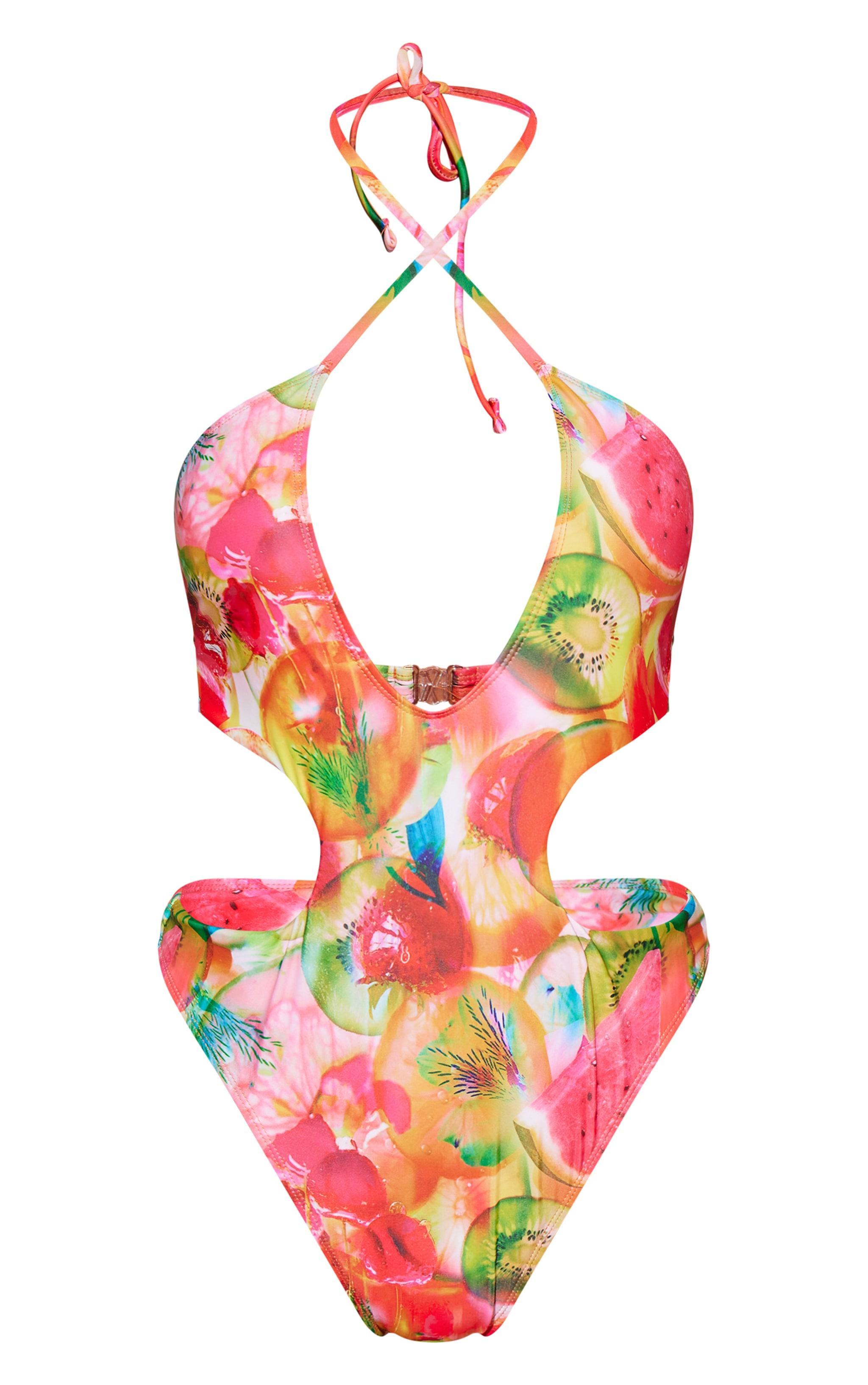 Multi Blurred Fruit Print Halter Neck Cut Out Swimsuit Product Image