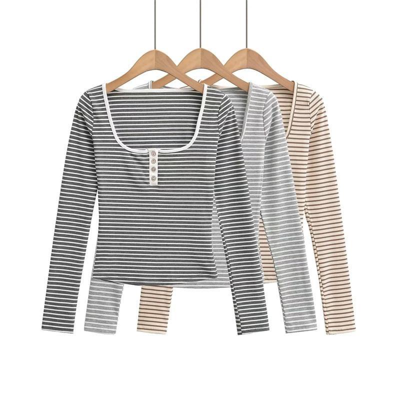 Long Sleeve Henley Striped T-Shirt Product Image