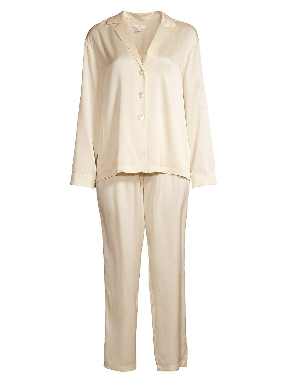 LUNYA Silk Long Sleeve Pajama Pant Set in Ivory. Product Image