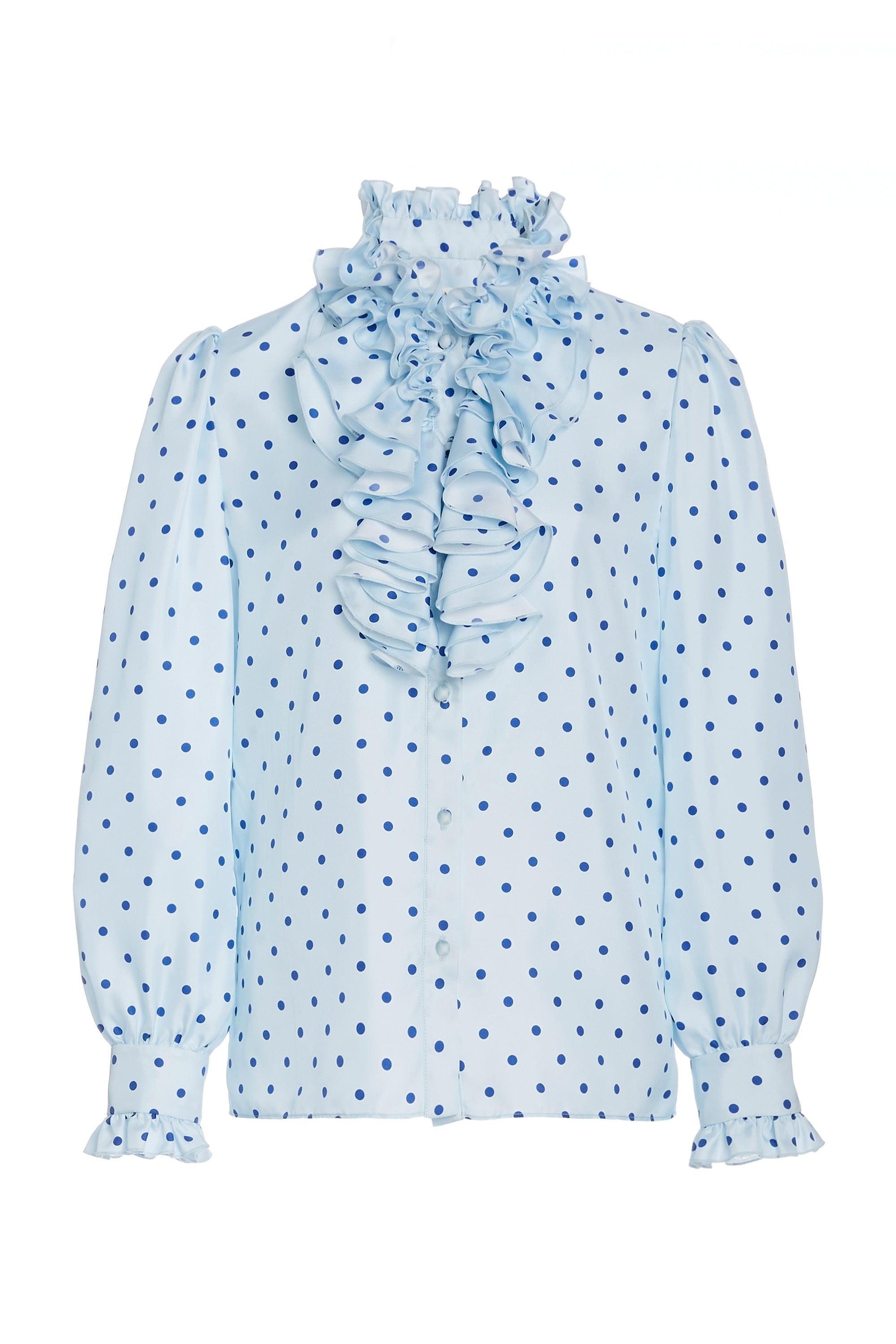 Ruffle Trimmed Polka Dot Silk Blouse Product Image