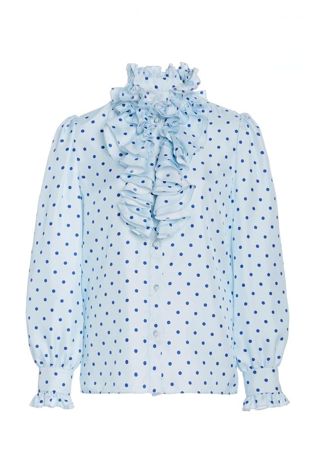 Ruffle Trimmed Polka Dot Silk Blouse Product Image