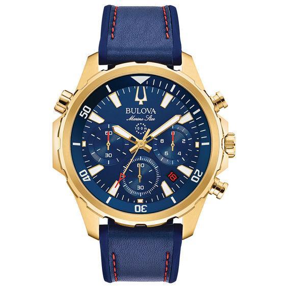 Men's Bulova Marine Star Chronograph Gold-Tone Strap Watch with Blue Dial (Model: 97B168) Product Image