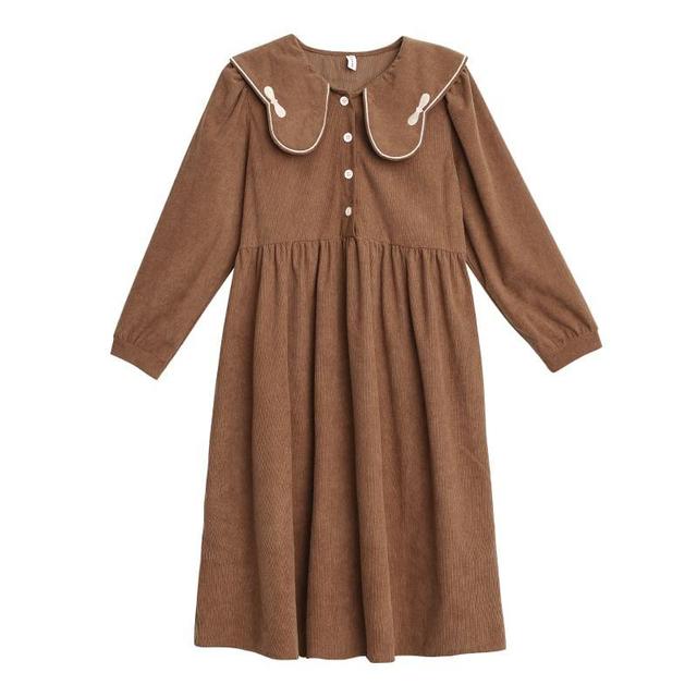 Maternity Long-Sleeve Collar Bow Embroidered Midi Smock Dress Product Image