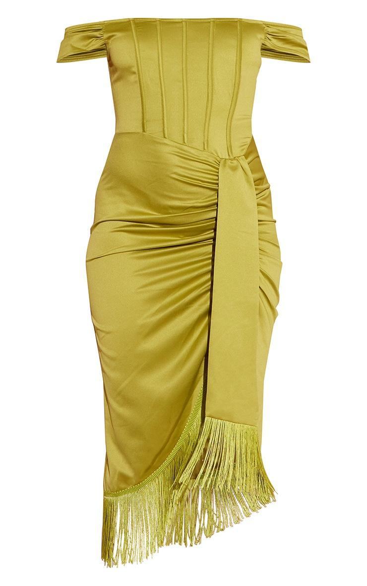 Olive Satin Bardot Tassel Hem Draped Midi Dress Product Image