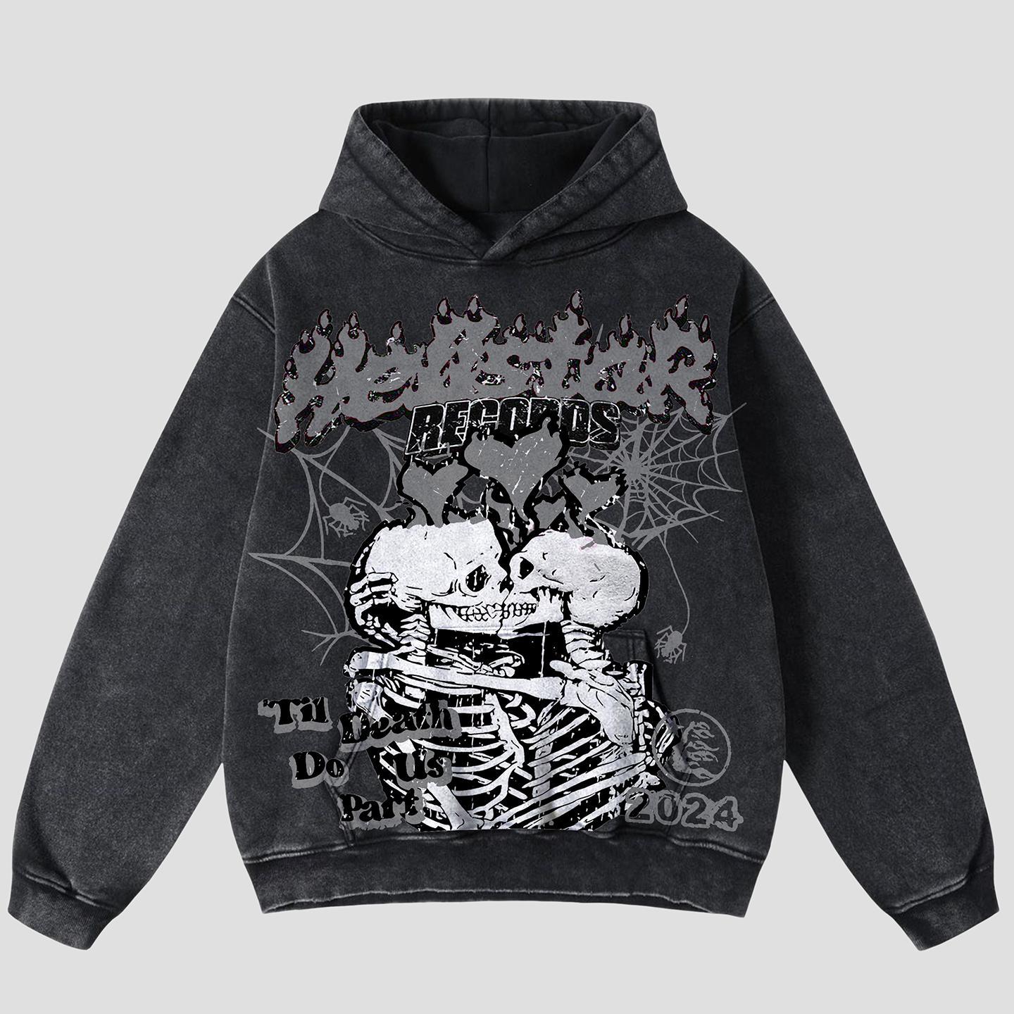 Vintage Til Death Do Us Part Skull Graphic Acid Washed Oversized Hoodie Product Image