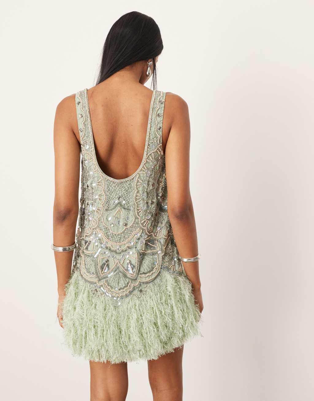 ASOS EDITION embellished scoop neck mini dress with faux feather hem in sage green Product Image