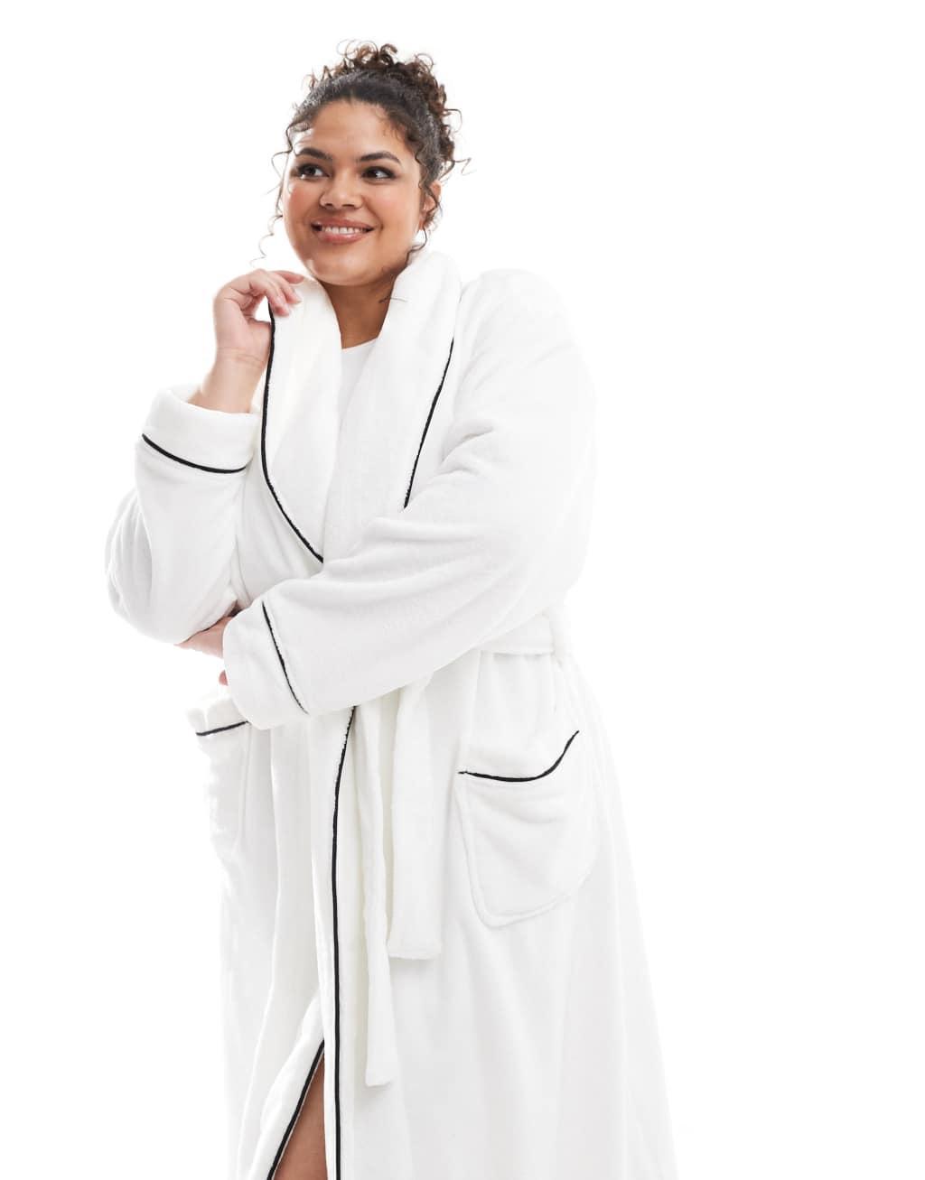 ASOS DESIGN Curve premium super soft fleece midi robe in white Product Image