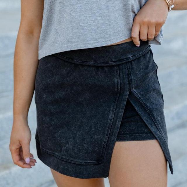 On The Fast Track Black Acid Wash Knit Skort Product Image