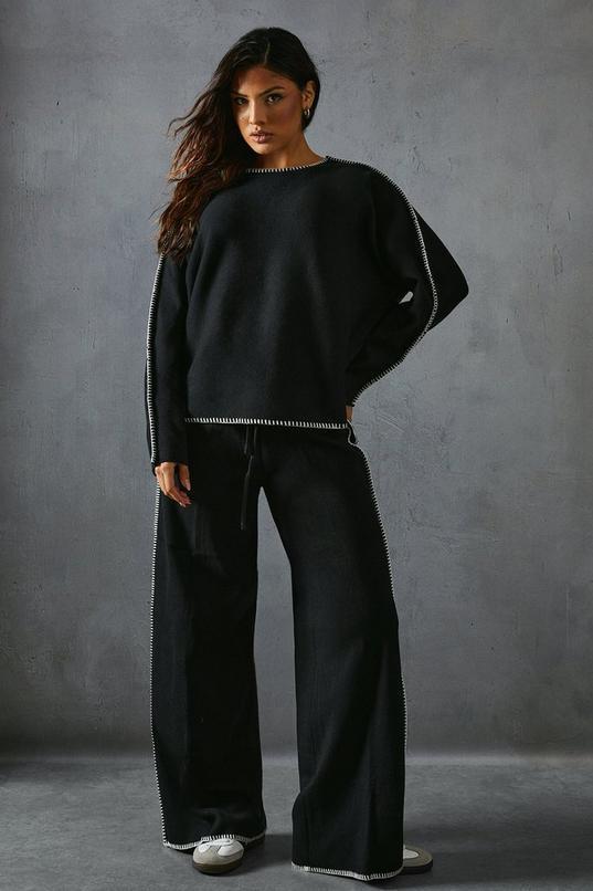 Contrast Seam Detail Slash Neck Jumper & Trouser Set Product Image