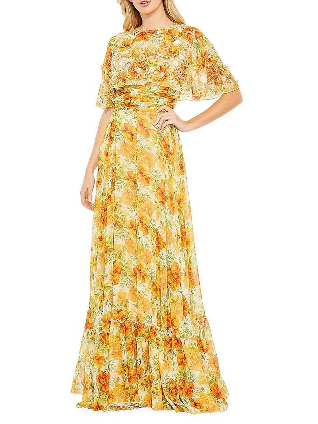 Womens Embellished Floral Cape-Sleeve Gown Product Image