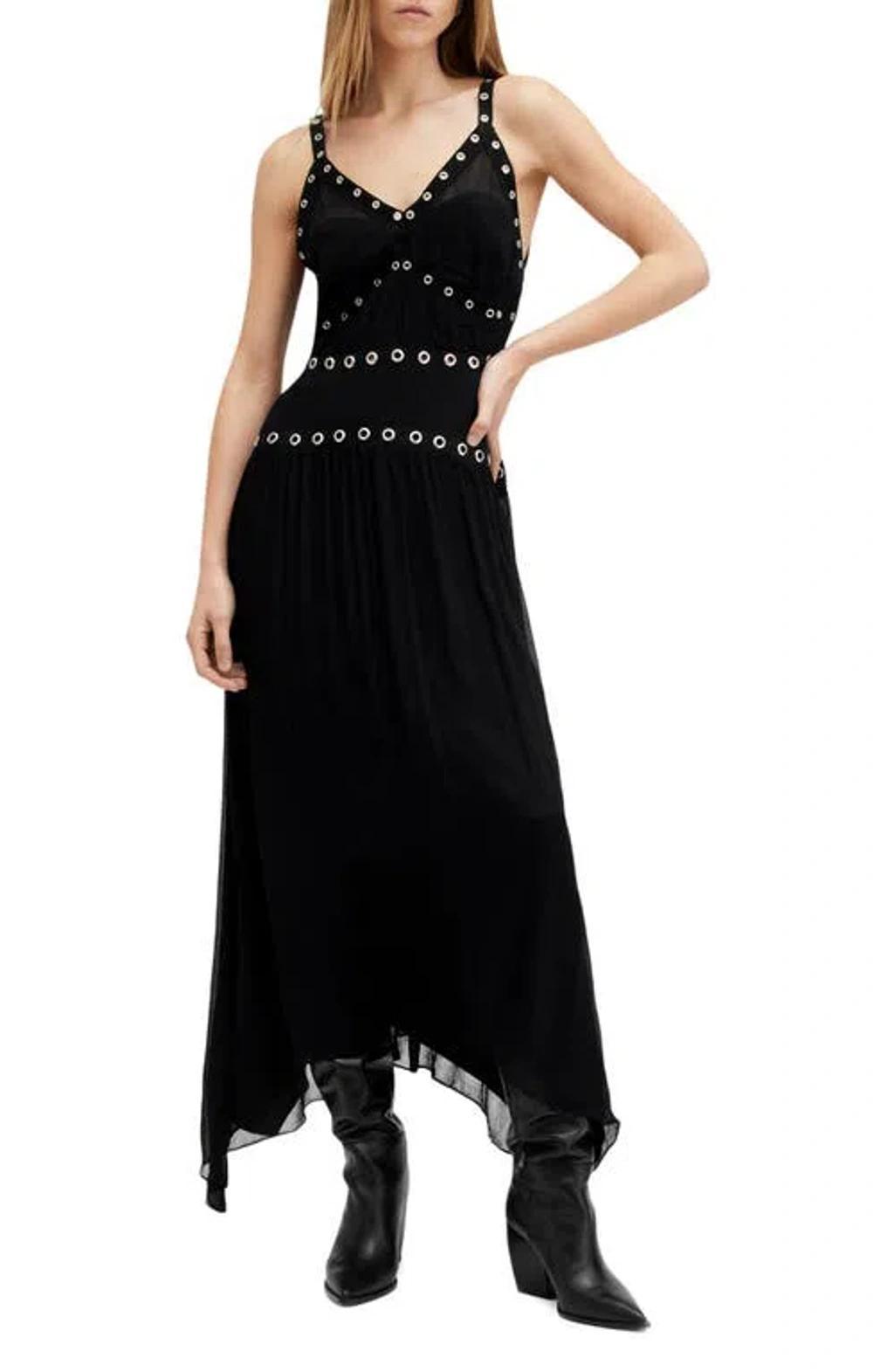 Zita V-neck Eyelet Trim Midi Dress In Black Product Image