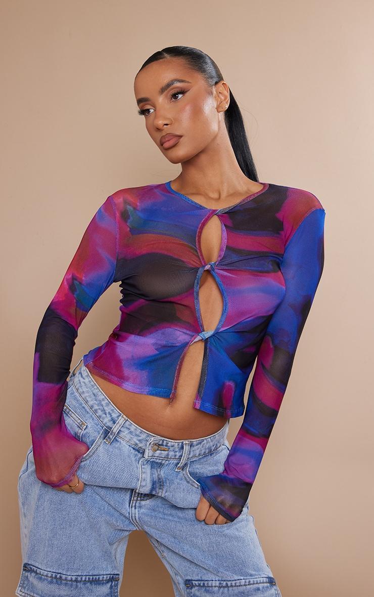 Brown Printed Mesh Cutout Long Sleeve Top Product Image