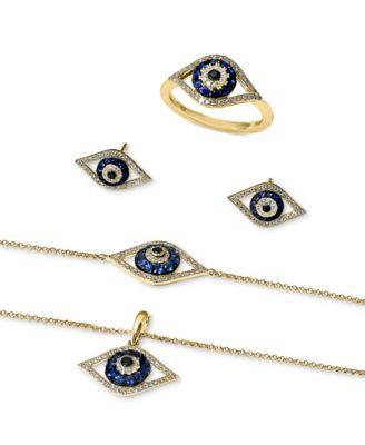 Womens 14K White Gold, Blue Sapphire & 0.21 TCW Diamond Evil Eye Stud Earrings Product Image