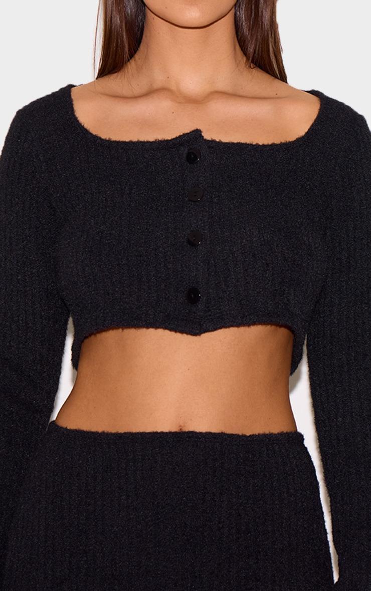 Black Textured Soft Rib Square Neck Button Crop Top Product Image