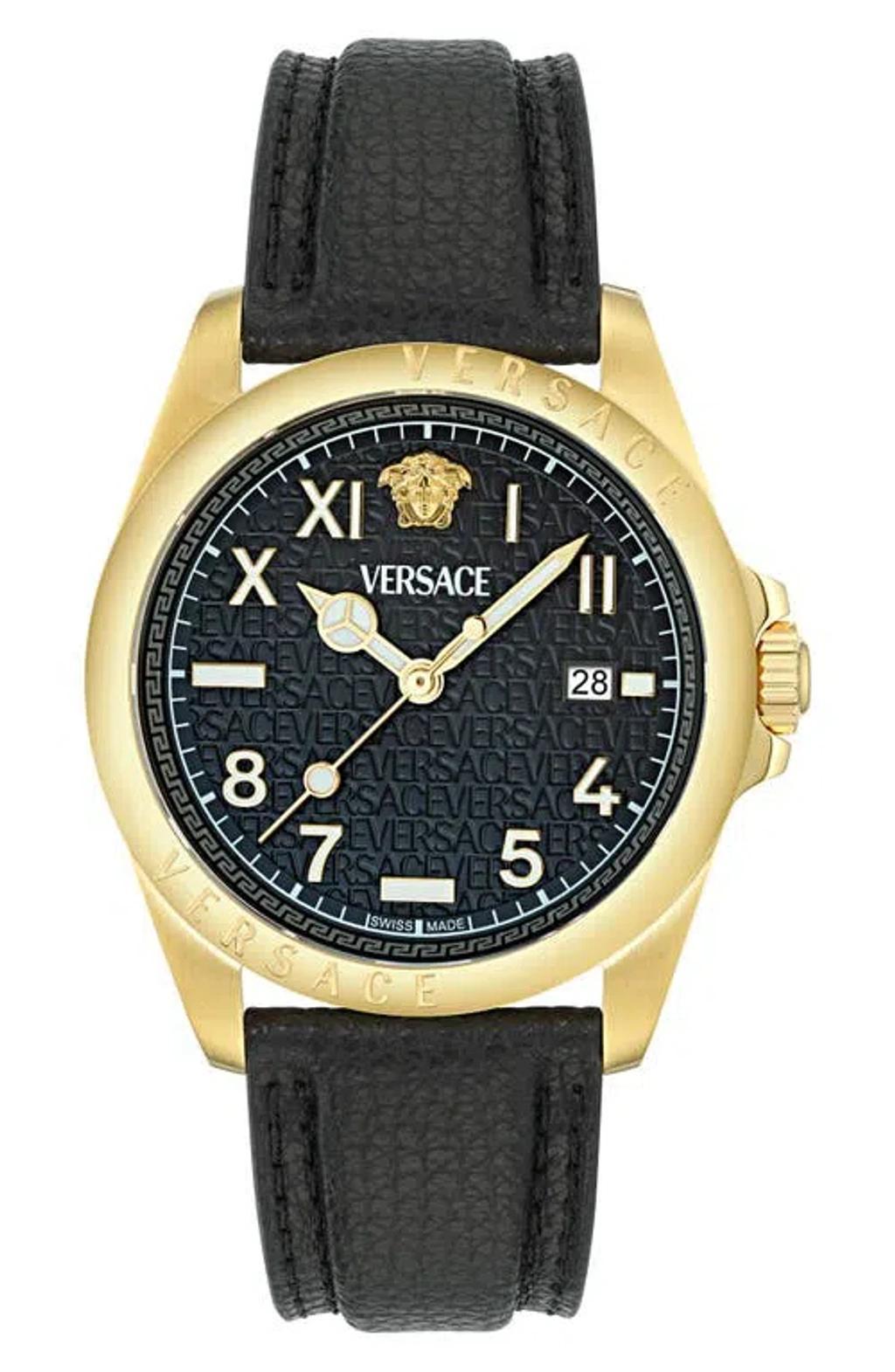 VERSACE Men's Swiss Black Leather Strap Watch 41mm In Gold Product Image