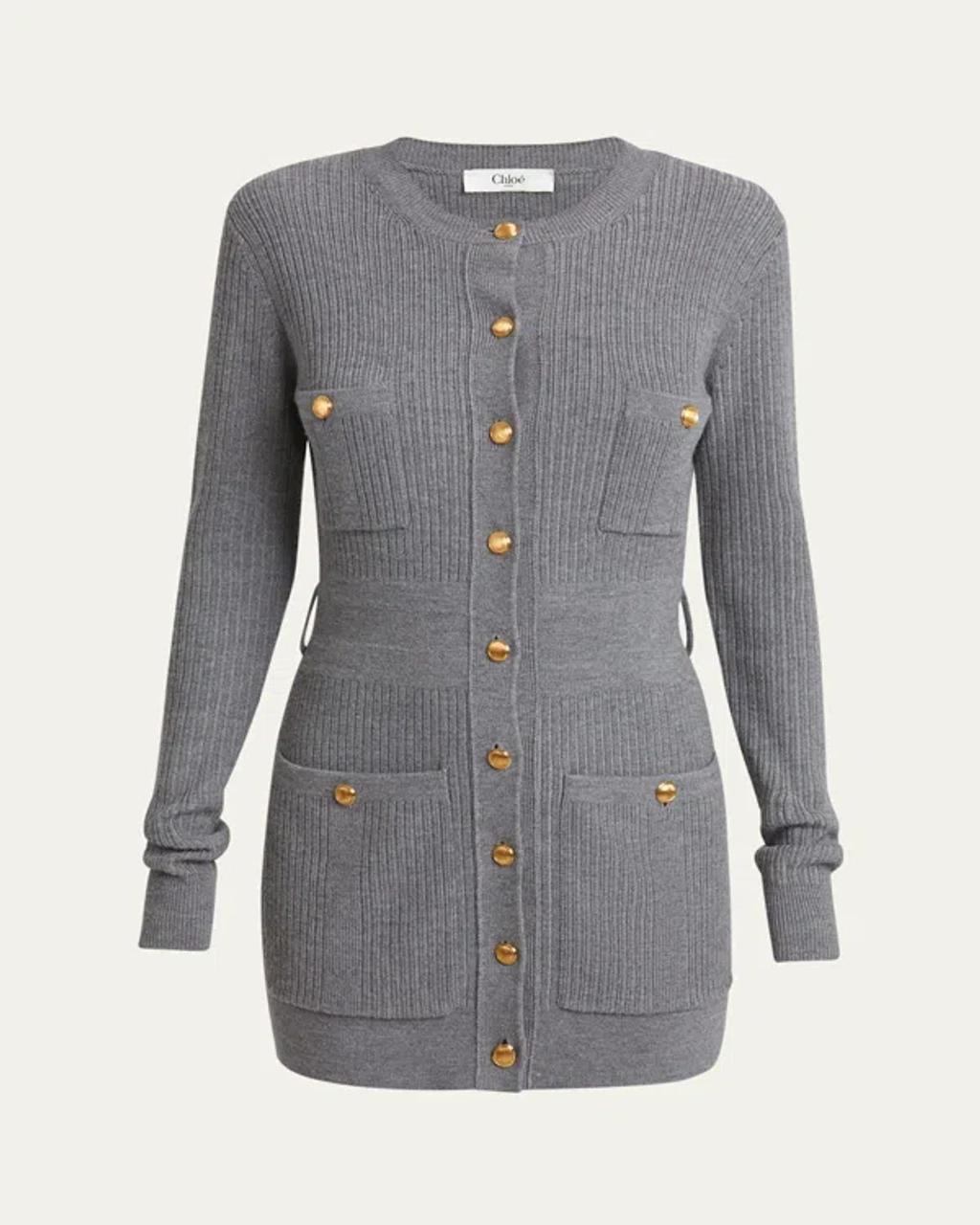 Belted Wool Knit Cardigan In Grey Product Image