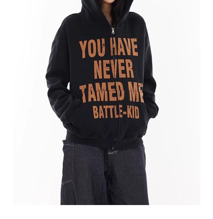 Devil Horn Lettering Zip-Up Hoodie Product Image