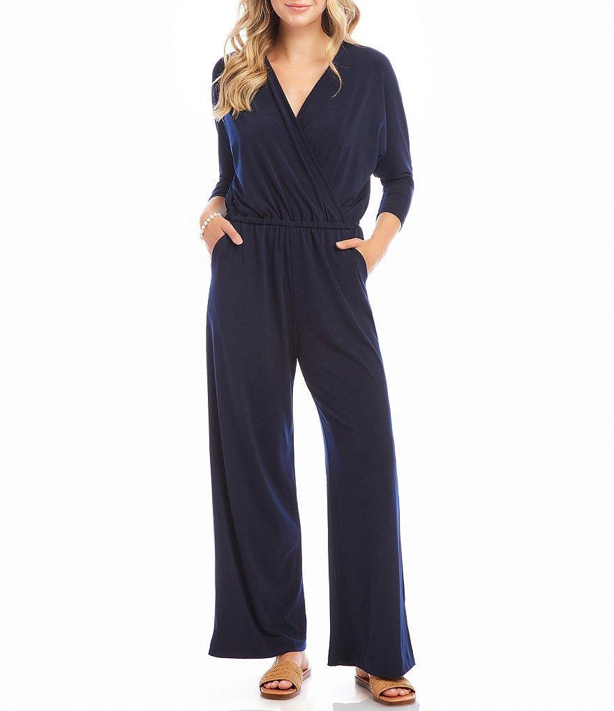 Karen Kane Jersey Knit Surplice V-Neck 3/4 Sleeve Pocketed Jumpsuit Product Image