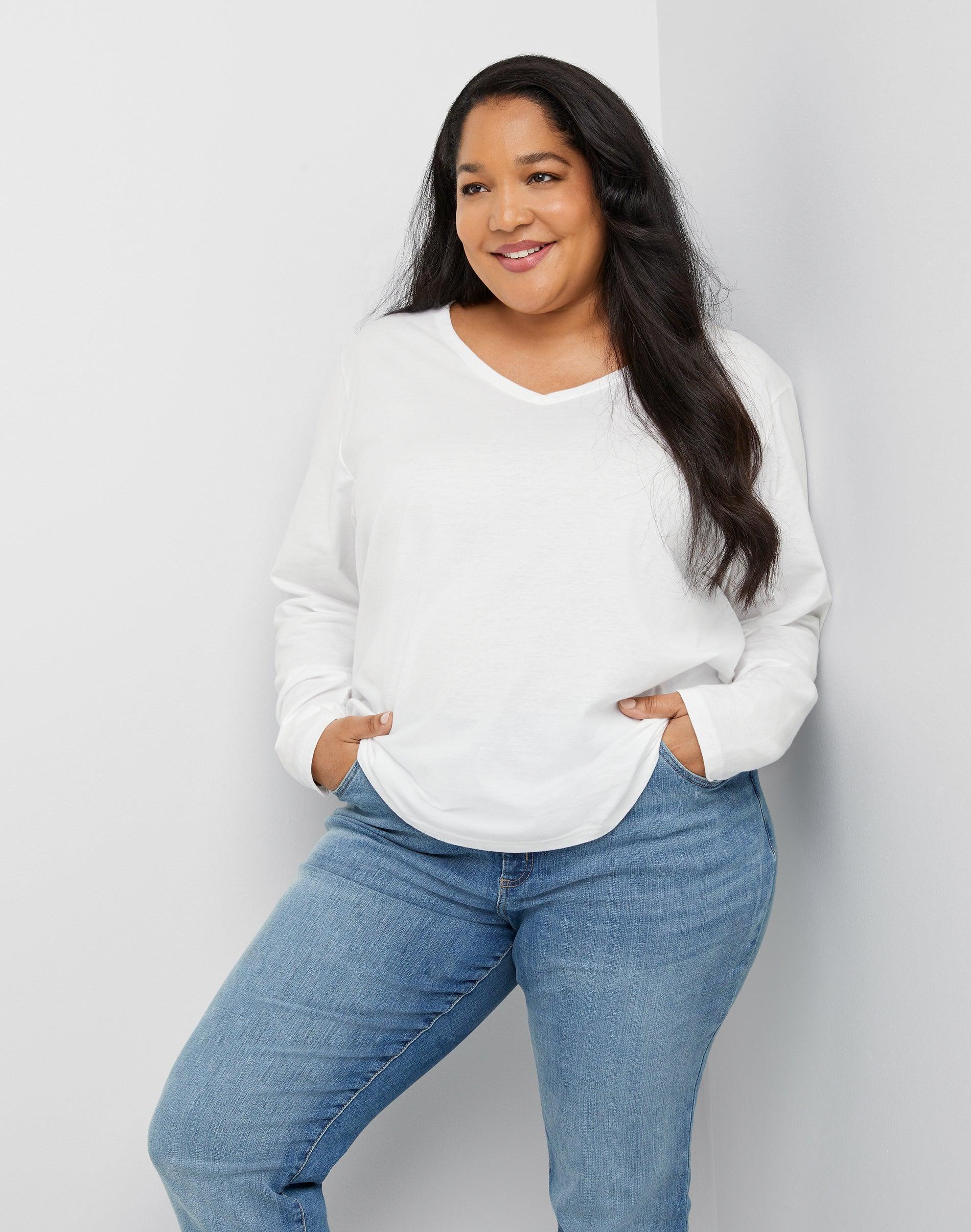 Hanes Womens Long Sleeve V-Neck Cotton T-Shirt (Plus Size) Deep Dive 1X Product Image