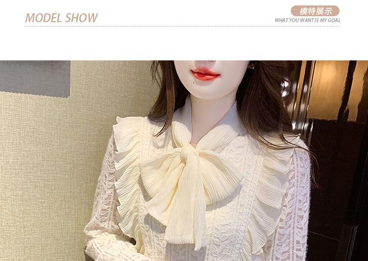 Long-Sleeve Tie-Neck Plain Lace Blouse Product Image