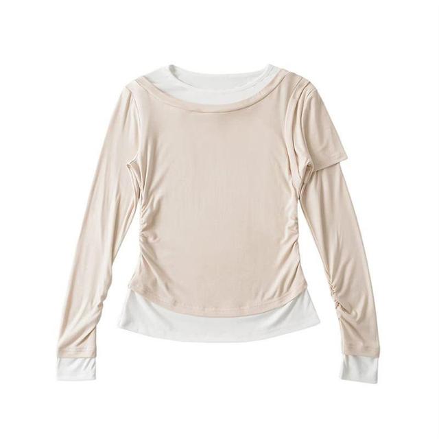 Long Sleeve Round Neck Mock Two Piece Ruched T-Shirt Product Image