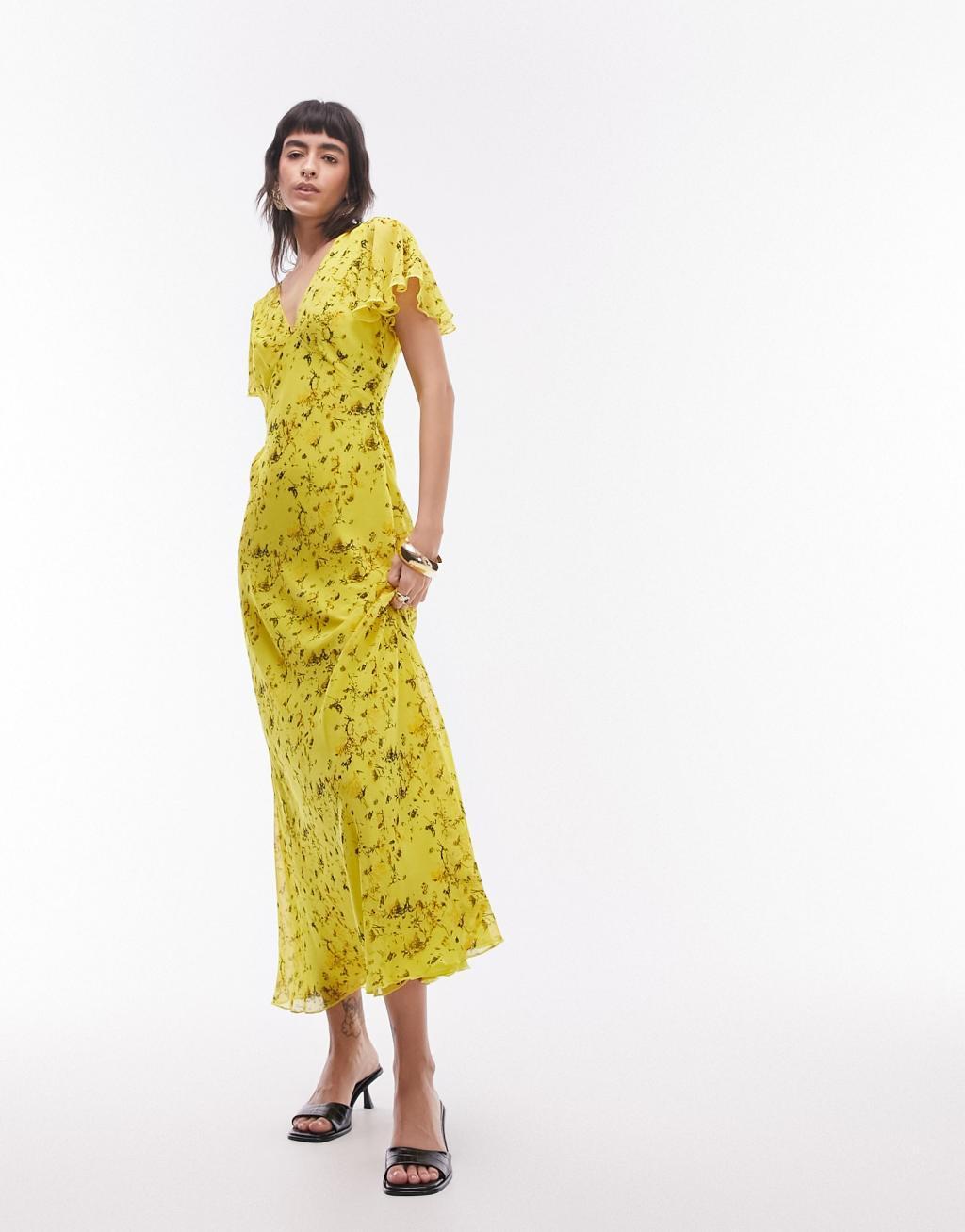  Topshop occasion flutter sleeve maxi dress with back detail in yellow print Product Image