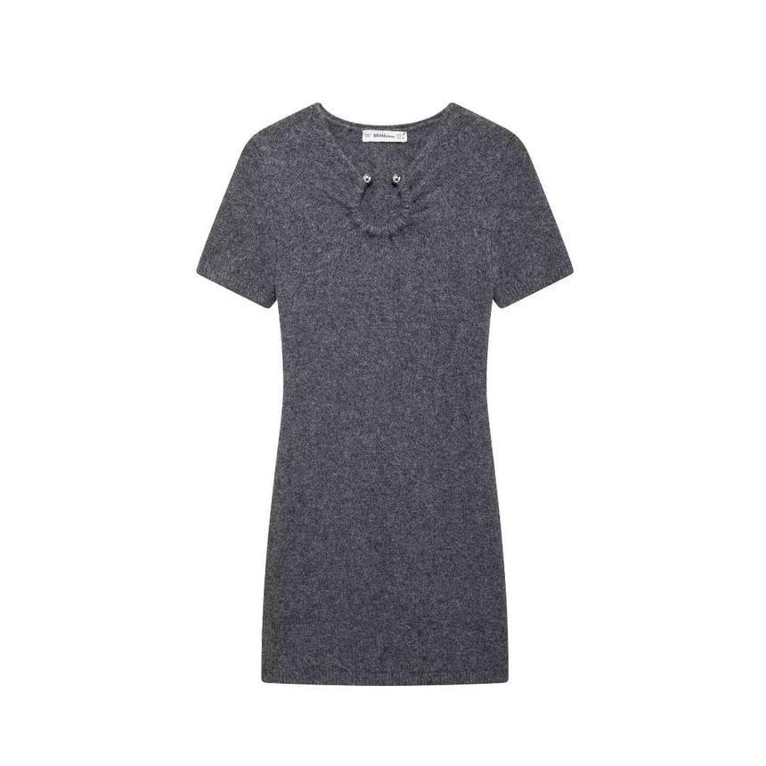 Short-Sleeve Melange Hoop Accent Mini Sheath Knit Dress Product Image