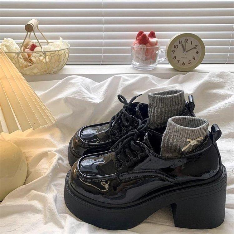 Platform Plain Lace-Up Patent Leather Shoes Product Image