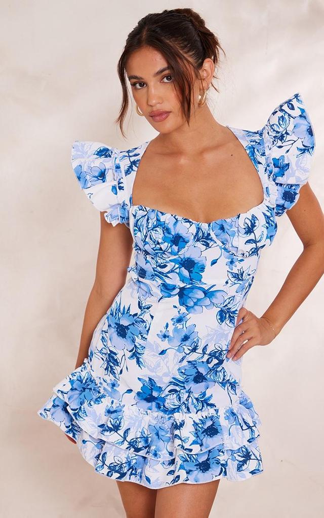 Blue Floral Underwired Frill Strappy Back Bodycon Dress Product Image