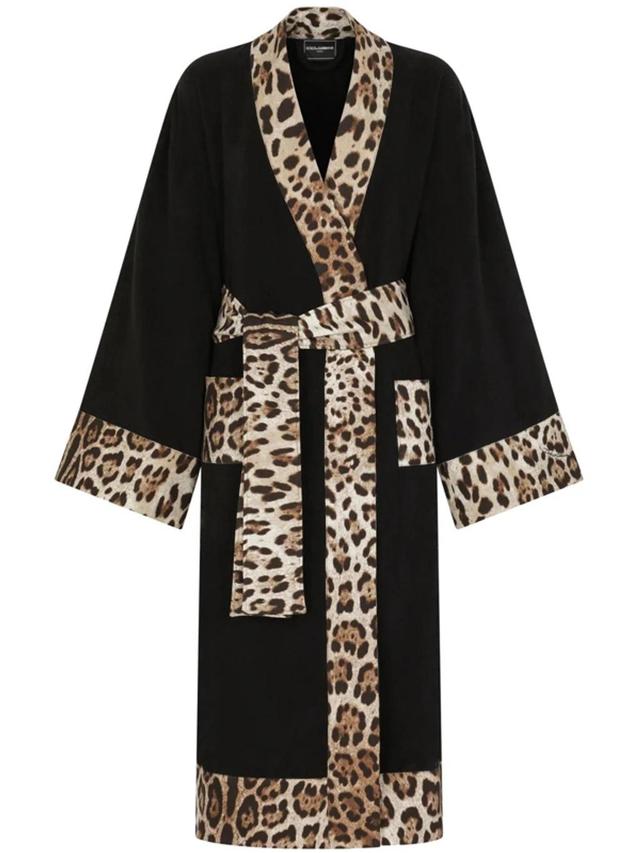 Leopard Print-trim Bathrobe In Black Product Image