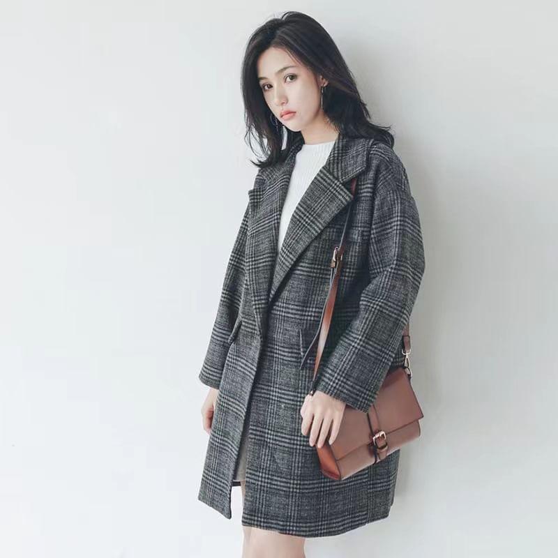 Lapel Collar Plaid Long Single-Button Coat Product Image