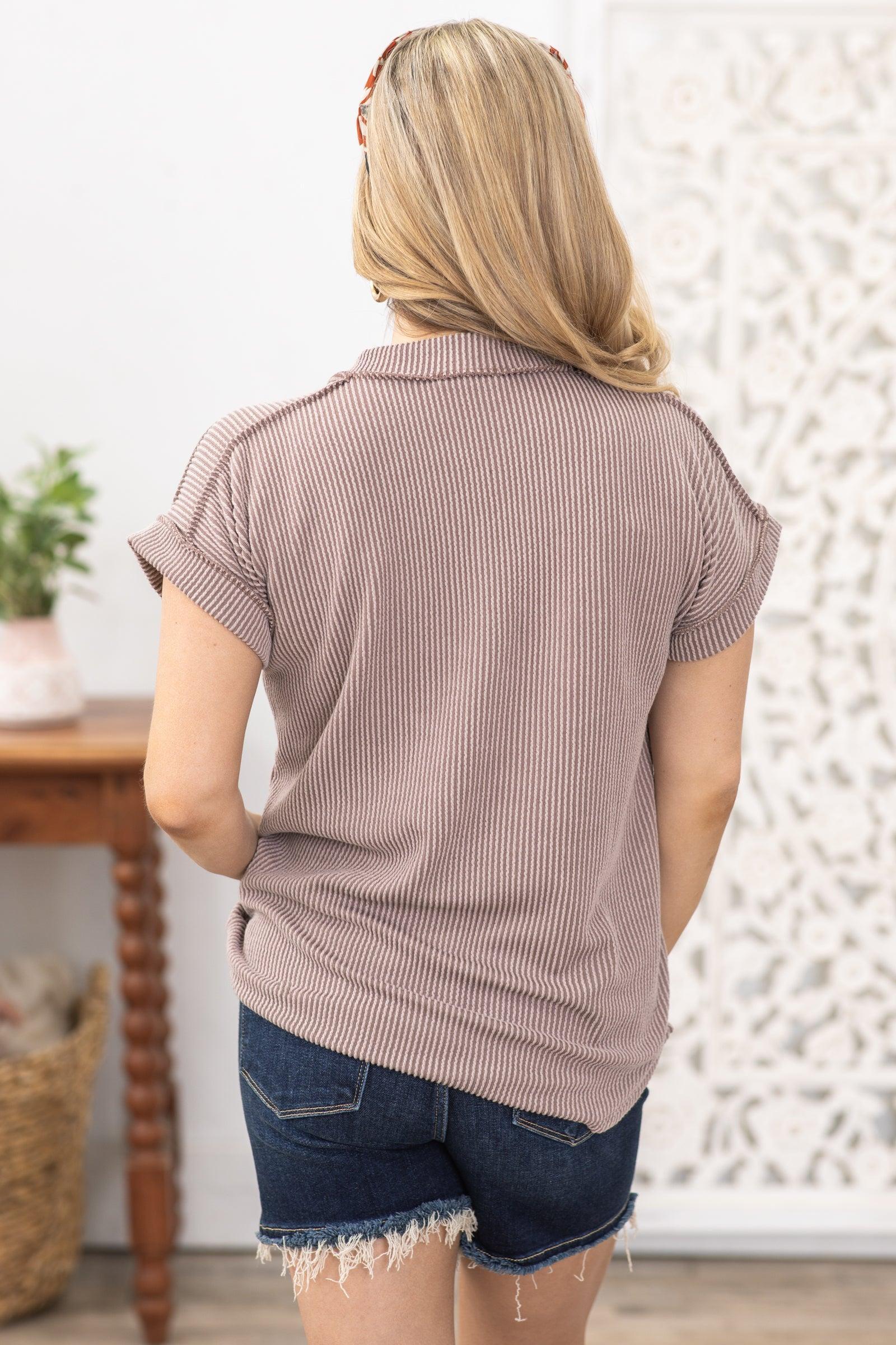 Mocha Ribbed V-Neck Knit Top Product Image