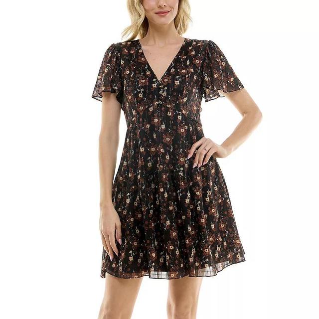 Womens Taylor Retro Ditsy Print Chiffon V-Neck Short Sleeve Mini Dress Black Brown Product Image